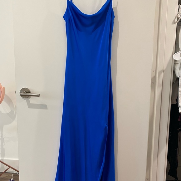 Express Conscious Edit Satin Cowl Neck Asymmetrical Hem Maxi Slip Dress - Picture 5 of 12